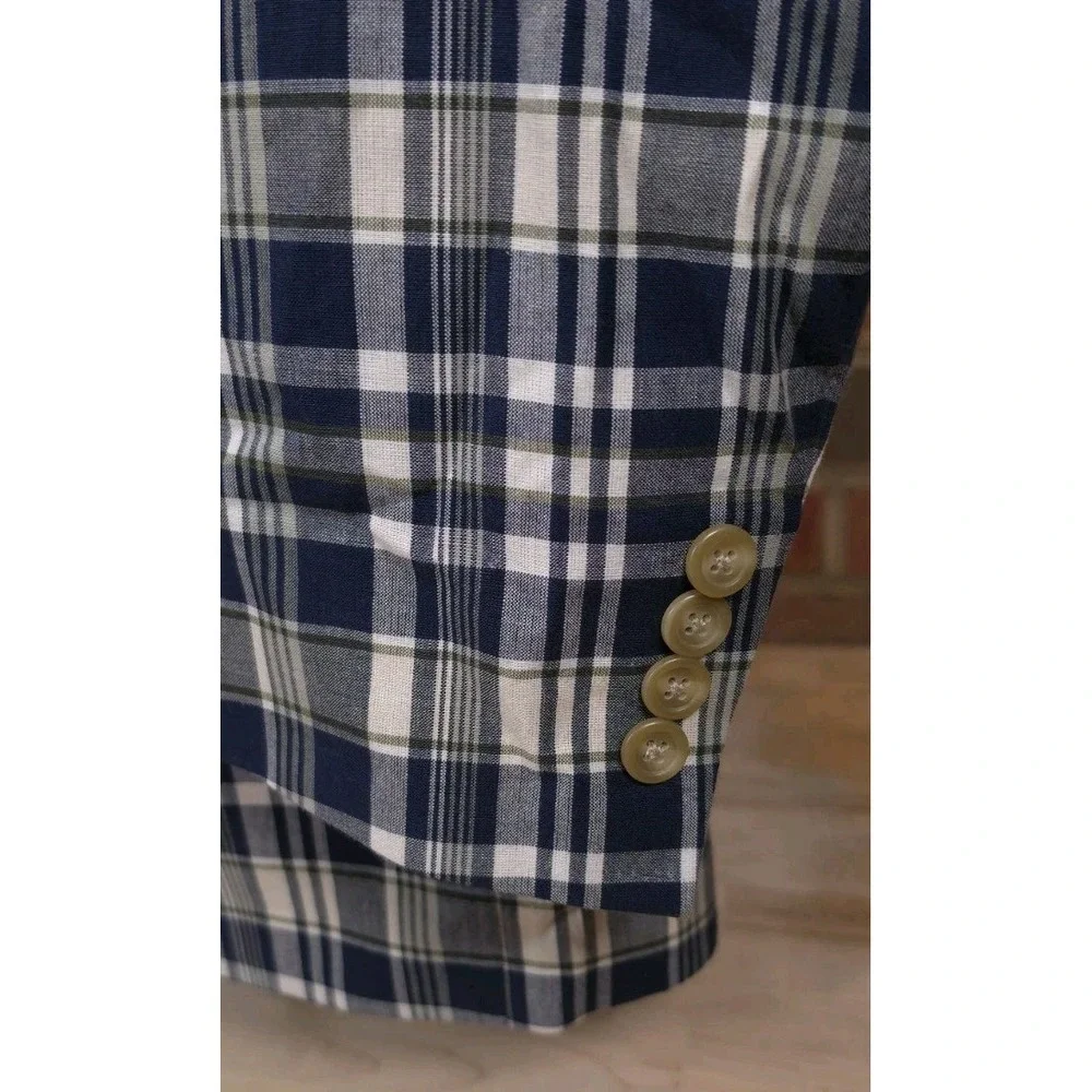Chaps Mens Blue White Plaid Sport Coat Jacket 100% Cotton Blazer Size 40R